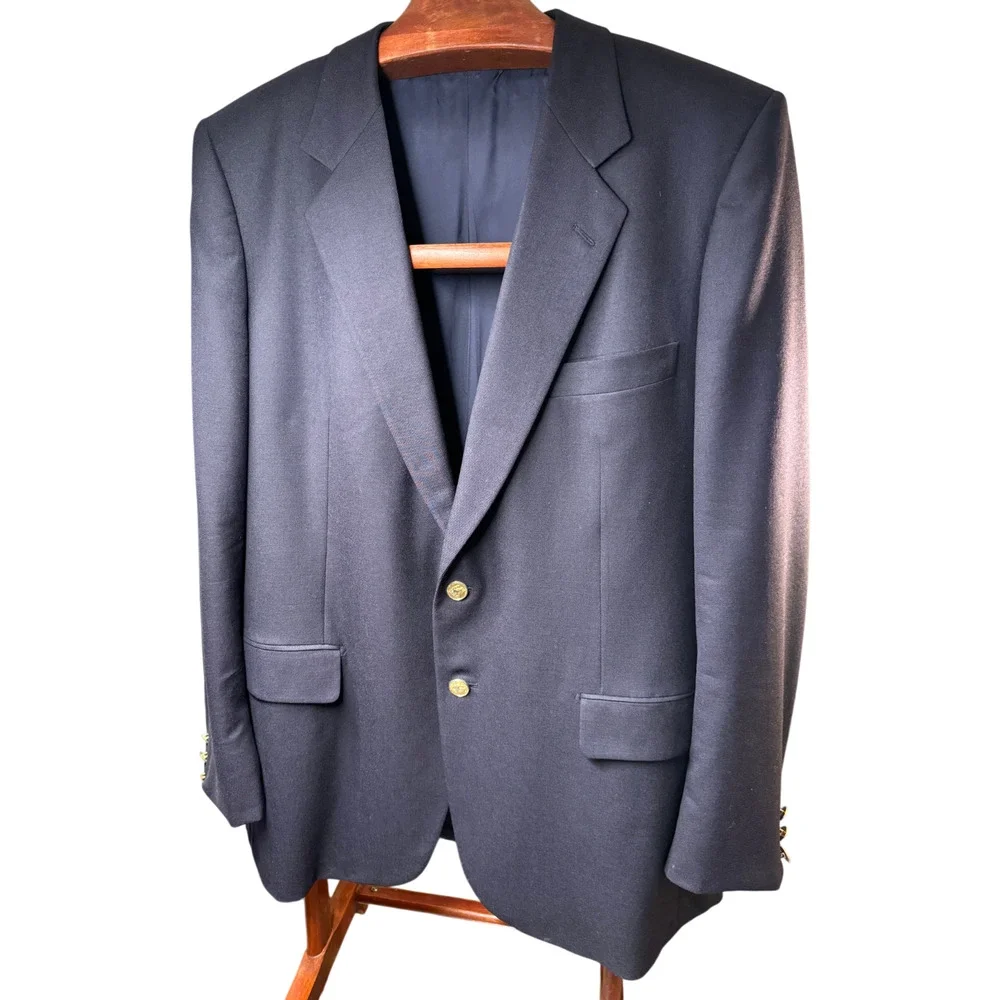 Vtg BURBERRYS Men's Navy 56R Blazer Two Gold Buttons Wool Jacket USA Classic